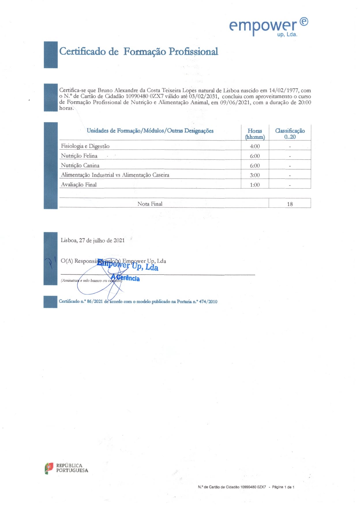 Certificado de Formação Profissional em Nutrição e Alimentação Animal