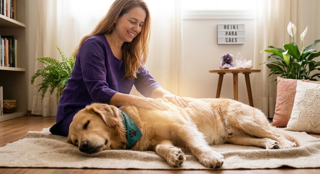 Reiki a cães – pessoa com as mãos a transmitir Reiki a um cão tranquilo | Centro Reiki Universo