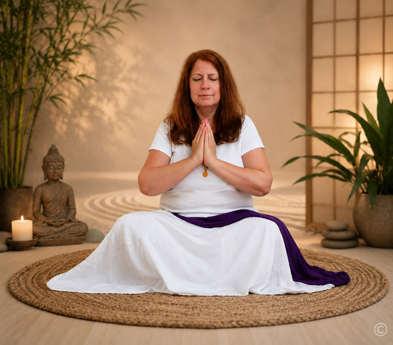 Inez Costa a praticar Meditação Gassho no Reiki