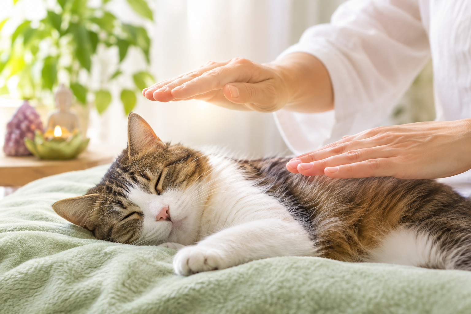 Reiki a gatos – mãos a transmitir Reiki a um gato tranquilo | Centro Reiki Universo
